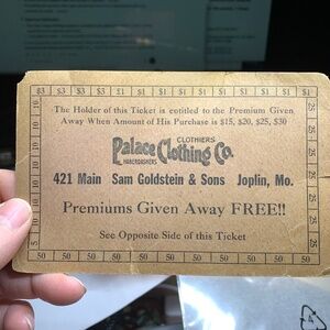 1920s Palace Clothing Co.- retail premium punch card, 2-sided - Collectible